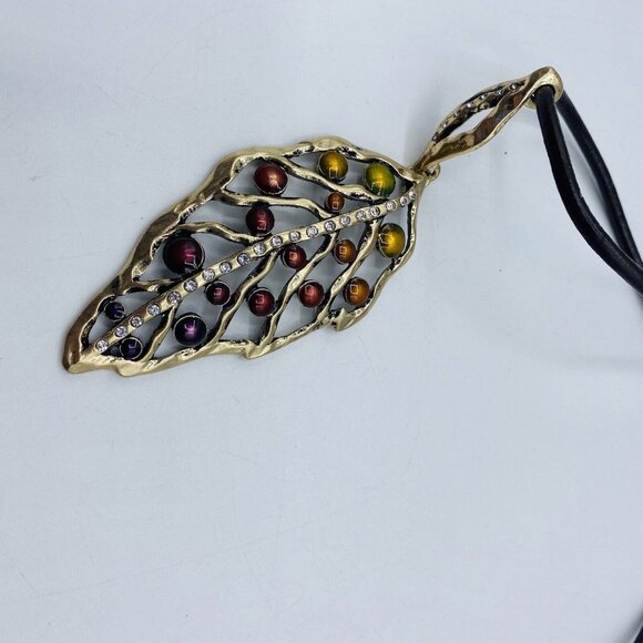 Ballet Large Leaf Pendant Necklace 32” Brown Green Goldtone New - Picture 2 of 4
